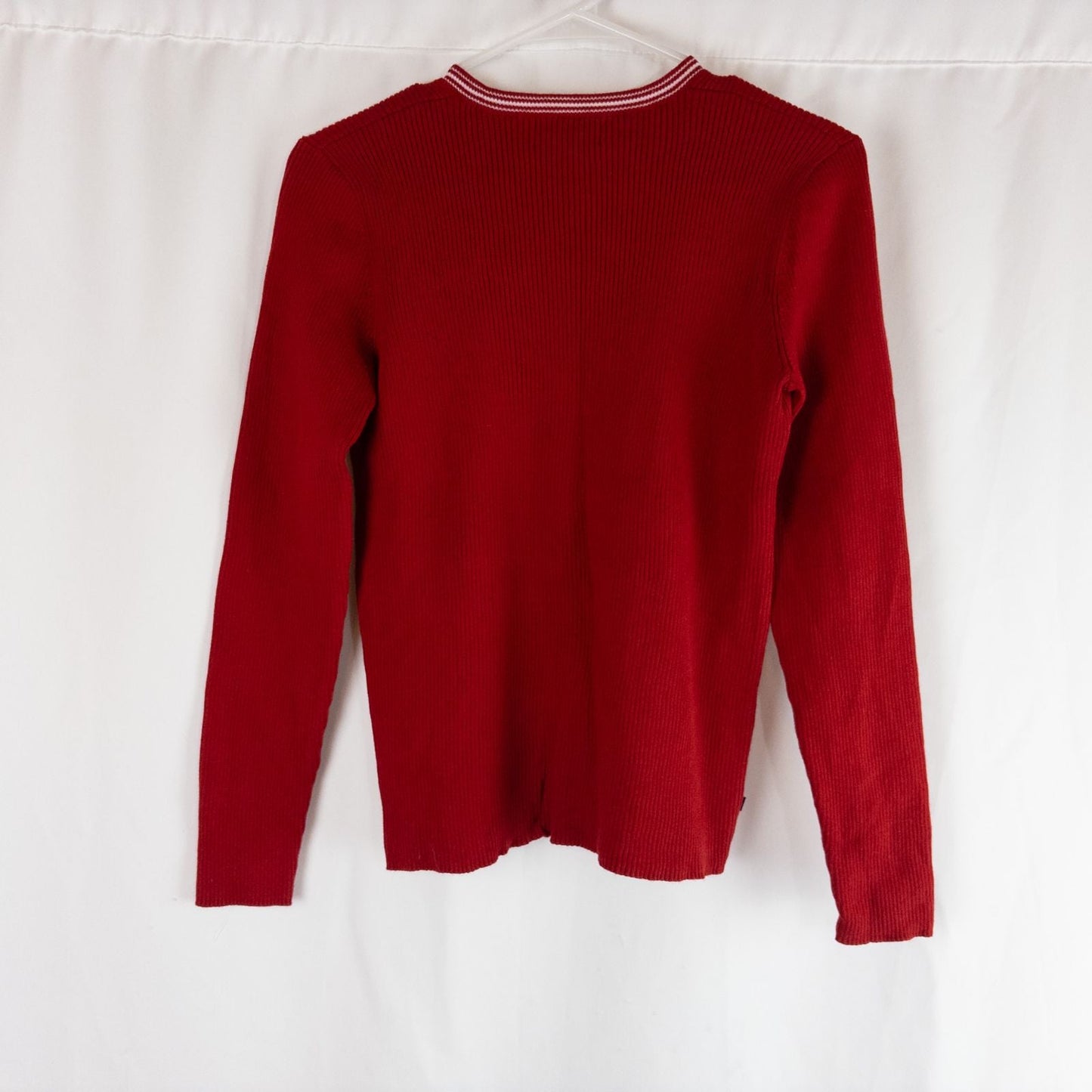 Lauren Ralph Lauren vintage red ribbed cotton sweater with striped crew neckline on hanger image 4