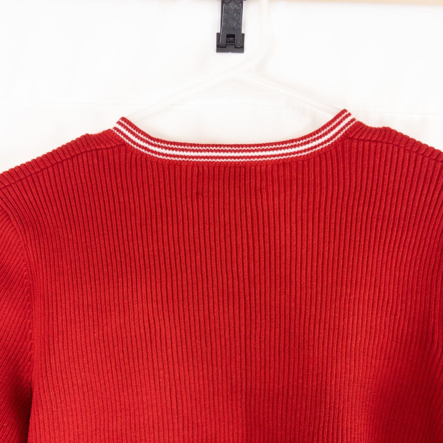 Lauren Ralph Lauren vintage red ribbed cotton sweater with striped crew neckline on hanger image 5