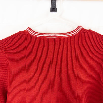 Lauren Ralph Lauren vintage red ribbed cotton sweater with striped crew neckline on hanger image 5