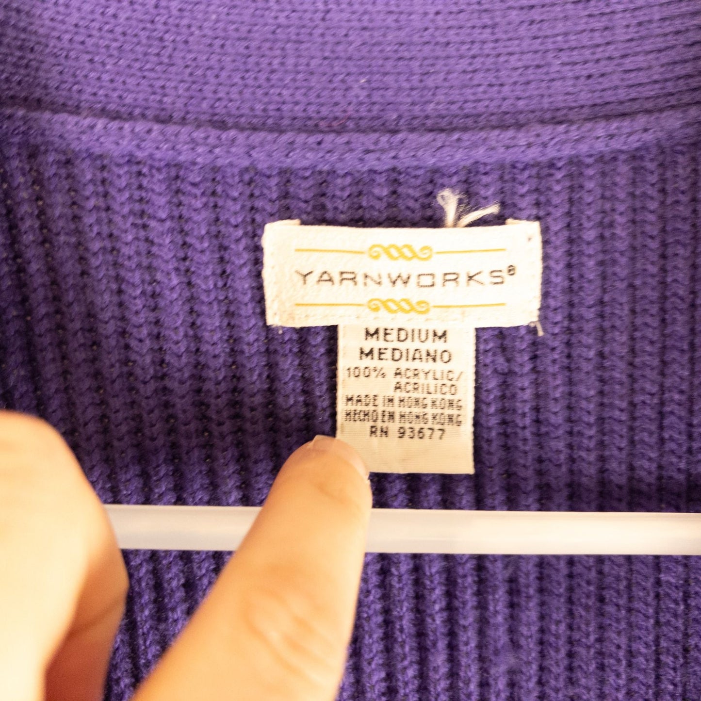Vintage Yarnworks purple chunky knit cardigan with button front and two pockets hanging on hanger image 11