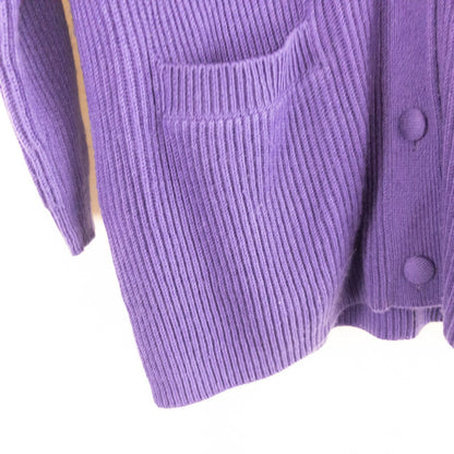 Vintage Yarnworks purple chunky knit cardigan with button front and two pockets hanging on hanger image 6
