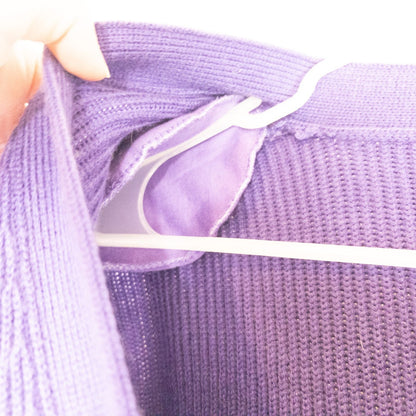 Vintage Yarnworks purple chunky knit cardigan with button front and two pockets hanging on hanger image 4