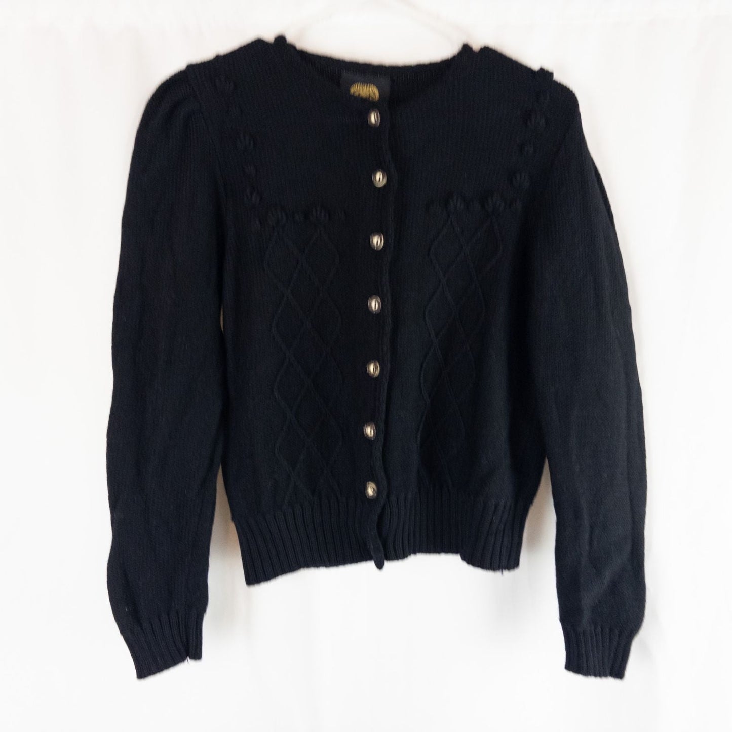 Lanamoden Salzburg chunky black knit wool cardigan sweater for women front and back views with button details and knit texture close-ups