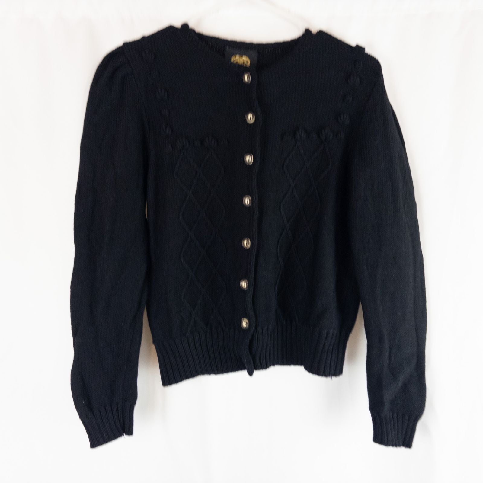 Lanamoden Salzburg chunky black knit wool cardigan sweater for women front and back views with button details and knit texture close-ups