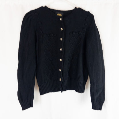 Lanamoden Salzburg chunky black knit wool cardigan sweater for women front and back views with button details and knit texture close-ups