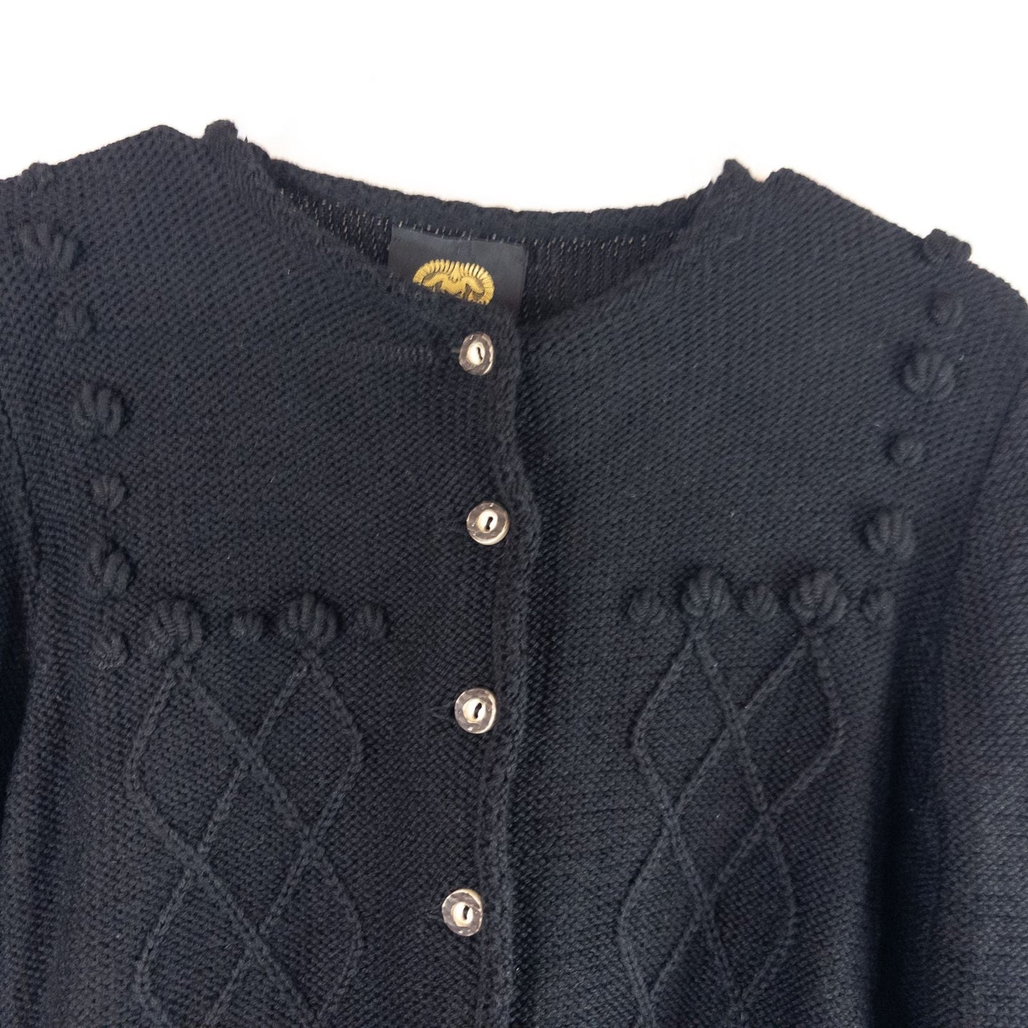 Lanamoden Salzburg chunky black knit wool cardigan sweater for women front and back views with button details and knit texture close-ups image 2