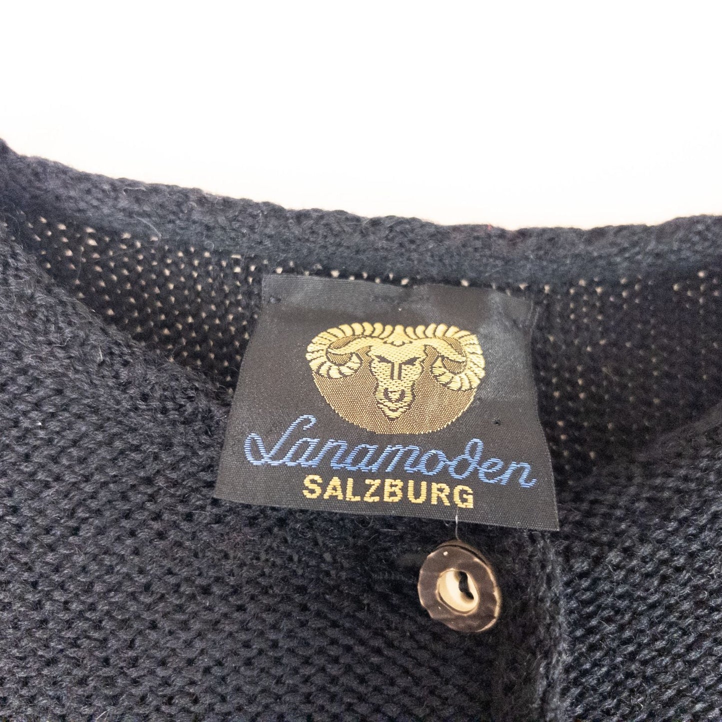 Lanamoden Salzburg chunky black knit wool cardigan sweater for women front and back views with button details and knit texture close-ups image 8