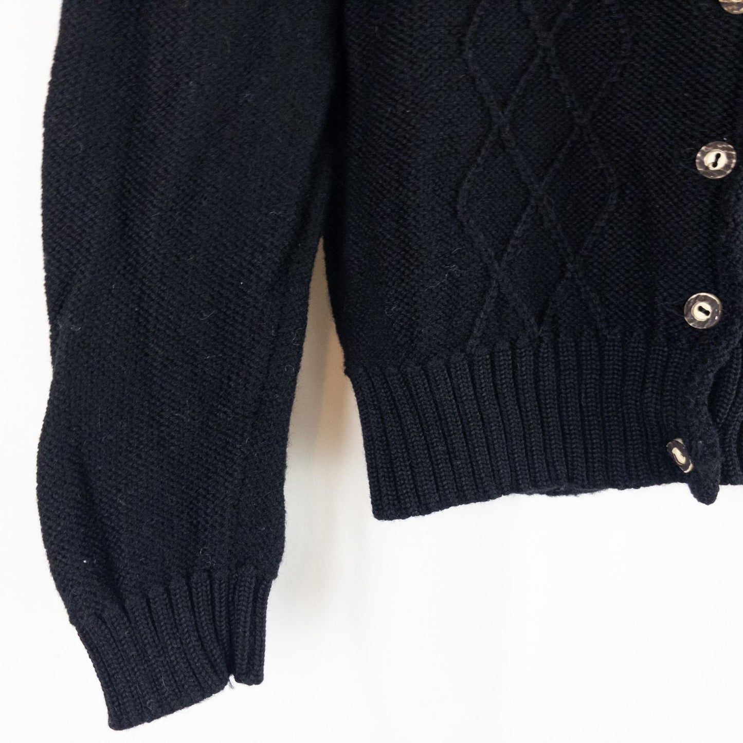 Lanamoden Salzburg chunky black knit wool cardigan sweater for women front and back views with button details and knit texture close-ups image 4