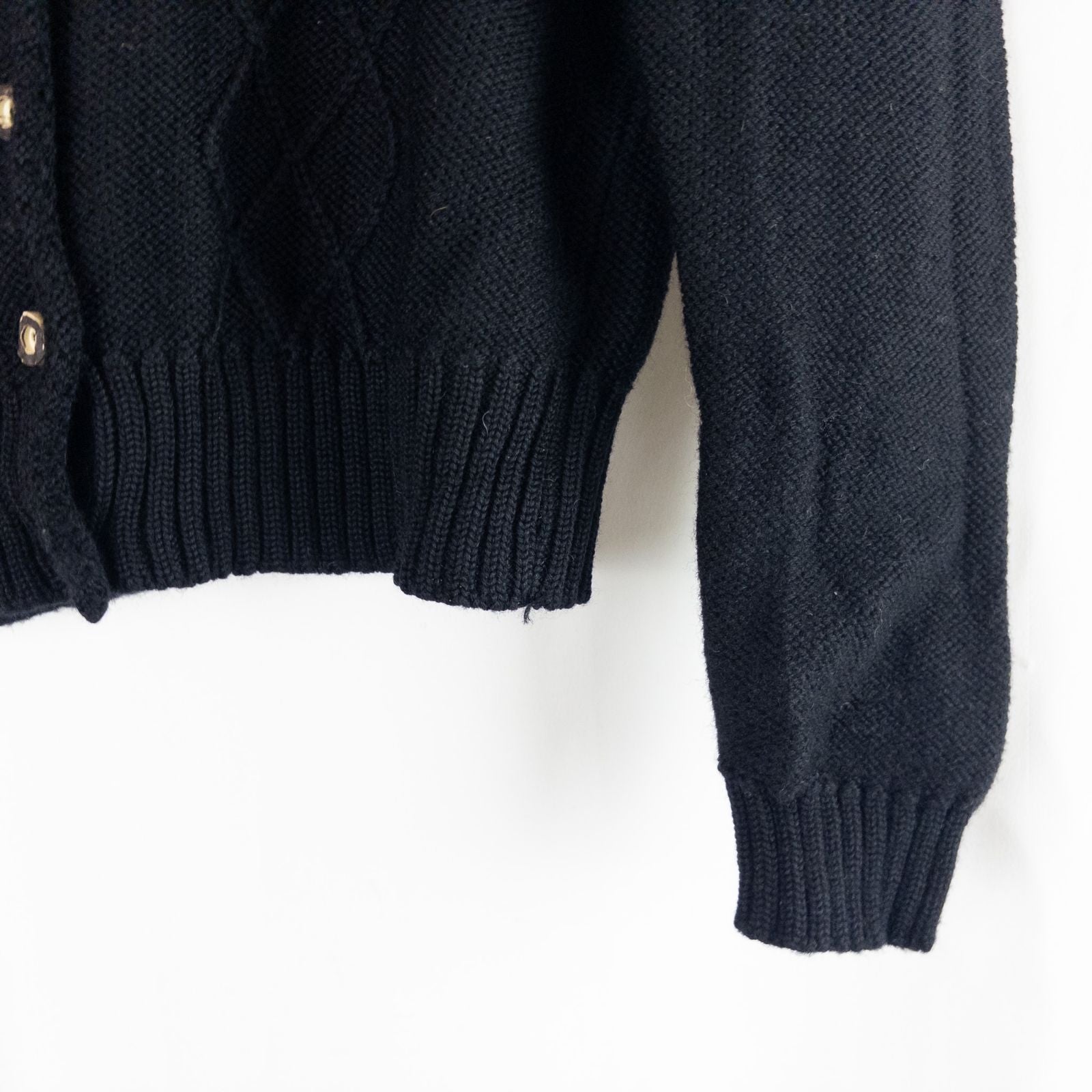 Lanamoden Salzburg chunky black knit wool cardigan sweater for women front and back views with button details and knit texture close-ups image 5