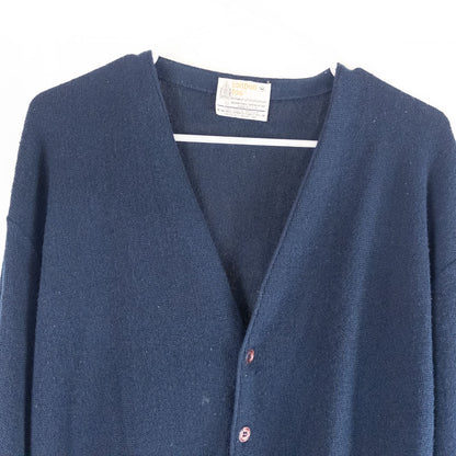 Vintage 1990s London Fog navy blue grandpa cardigan sweater with button front closure and ribbed cuffs on hanger image 2