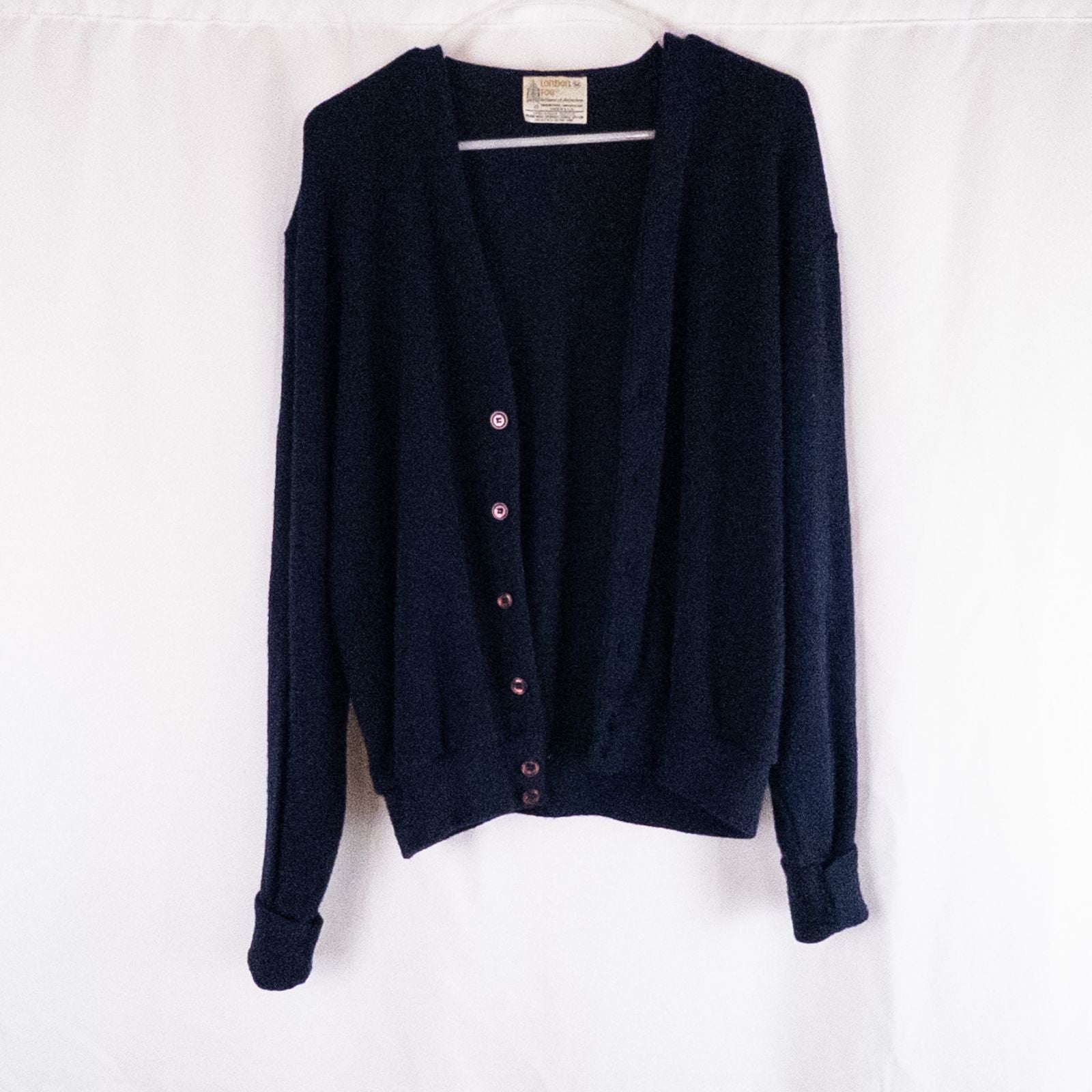 Vintage 1990s London Fog navy blue grandpa cardigan sweater with button front closure and ribbed cuffs on hanger image 5