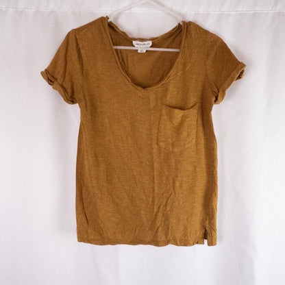 Republic brown scoop neck t-shirt with chest pocket hanging on a white hanger