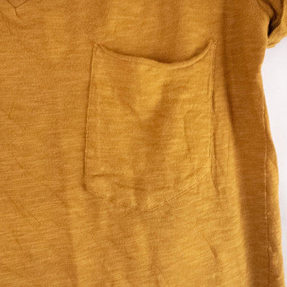 Republic brown scoop neck t-shirt with chest pocket hanging on a white hanger image 3