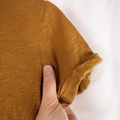 Republic brown scoop neck t-shirt with chest pocket hanging on a white hanger image 5