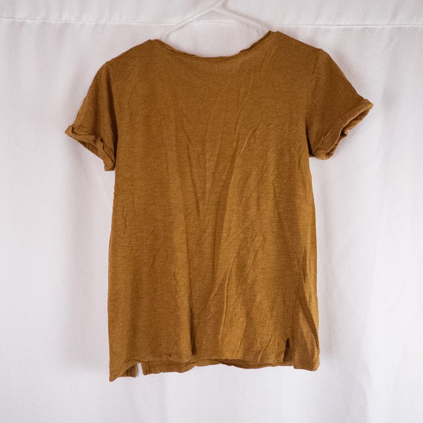 Republic brown scoop neck t-shirt with chest pocket hanging on a white hanger image 4