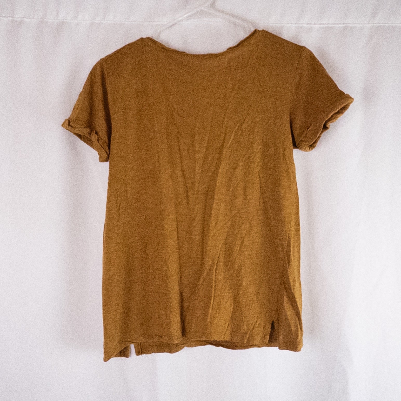 Republic brown scoop neck t-shirt with chest pocket hanging on a white hanger image 4