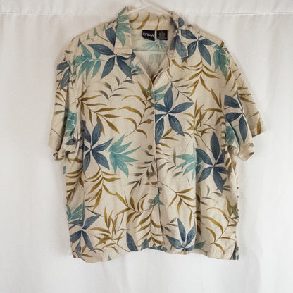 Erika vintage unisex Hawaiian shirt in cream with brown and blue leaf pattern, short sleeves and button front