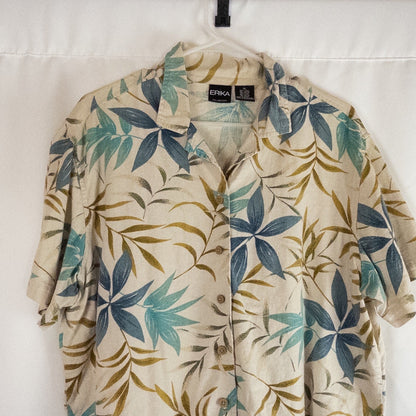 Erika vintage unisex Hawaiian shirt in cream with brown and blue leaf pattern, short sleeves and button front image 2