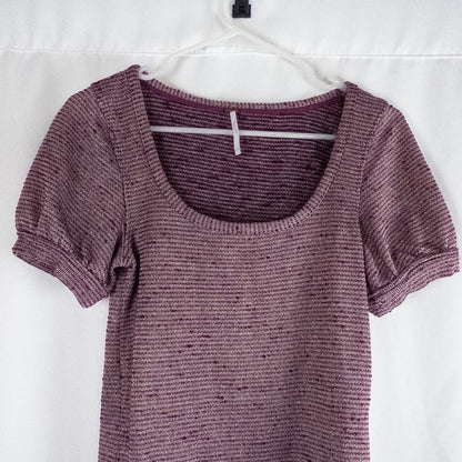 Free People knit purple and gold short puff sleeve sweater top on hanger against white background image 2