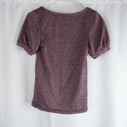 Free People knit purple and gold short puff sleeve sweater top on hanger against white background image 5