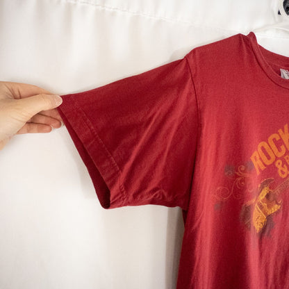 Red Anvil Rock & Reef Christian Rock Concert Tour graphic t-shirt with guitar print, medium size tag visible. image 5