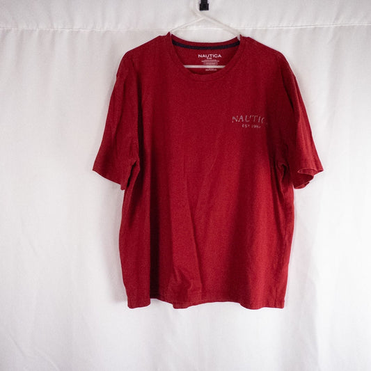 Nautica red vintage graphic print tee shirt mens xlarge with short sleeves front and back view