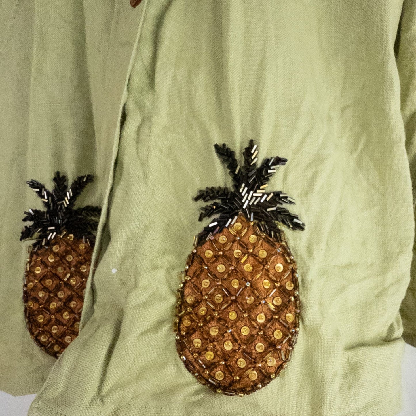 Vintage beaded pineapple linen short sleeve shirt in muted green with wooden buttons and detailed beadwork on pineapples image 3