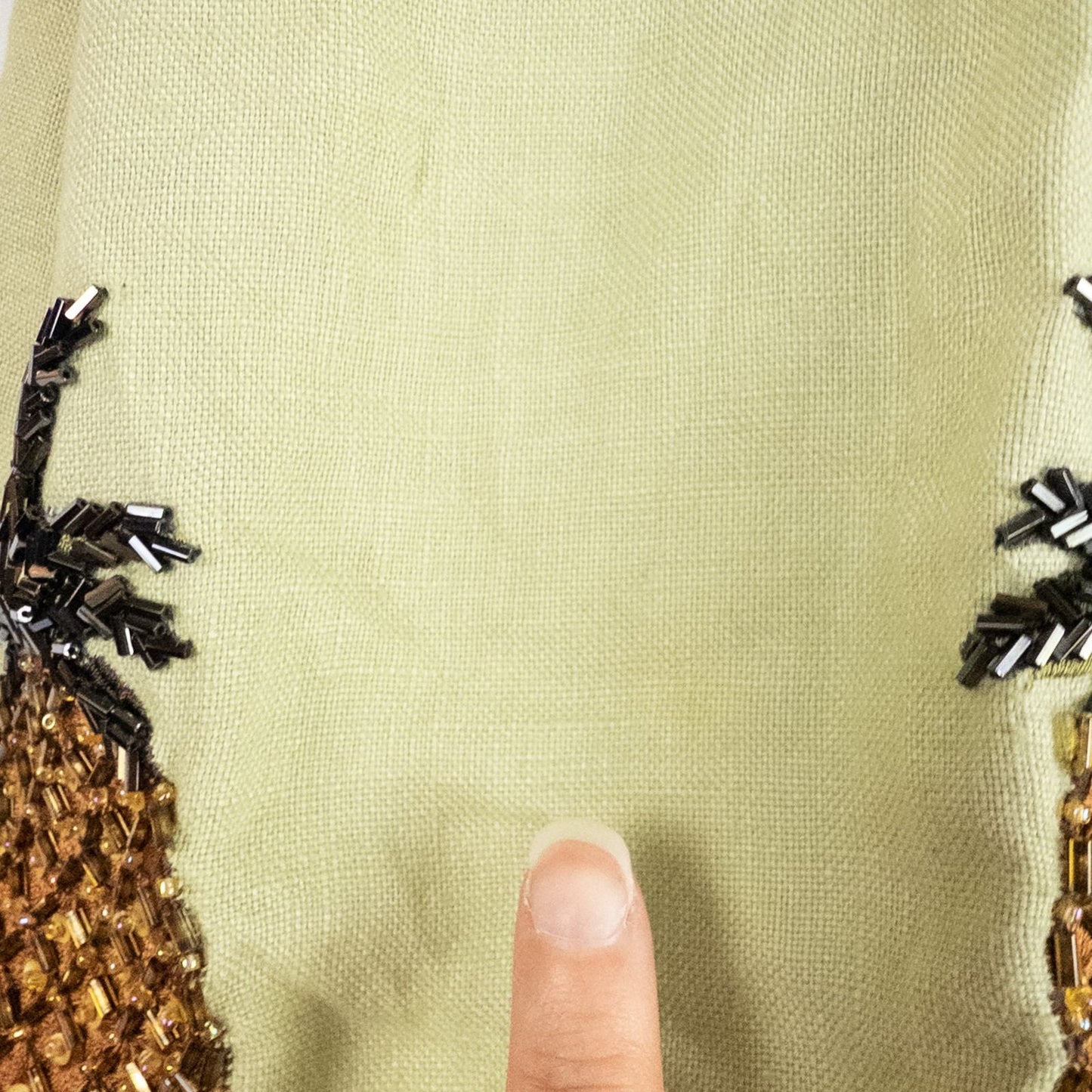 Vintage beaded pineapple linen short sleeve shirt in muted green with wooden buttons and detailed beadwork on pineapples image 4