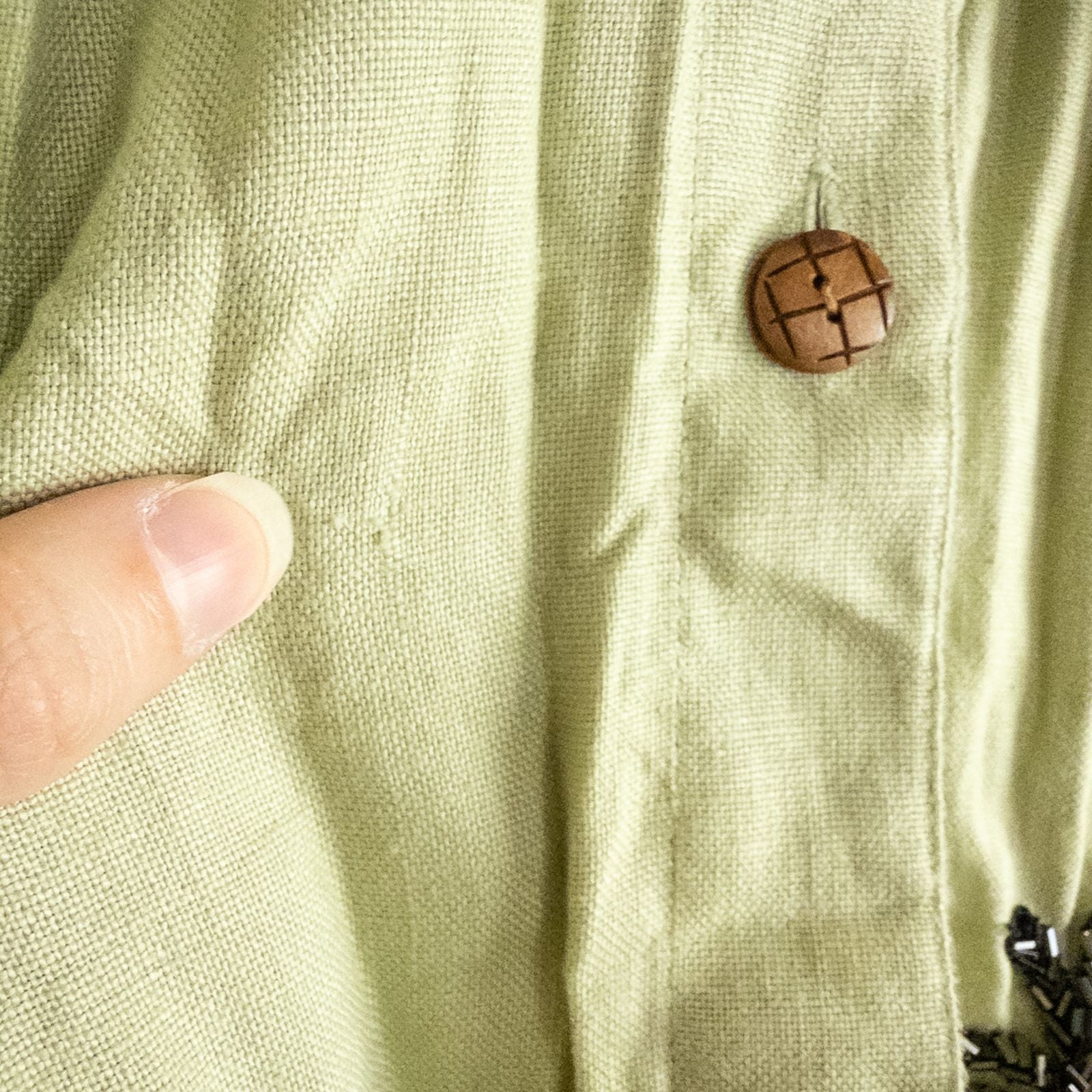 Vintage beaded pineapple linen short sleeve shirt in muted green with wooden buttons and detailed beadwork on pineapples image 7