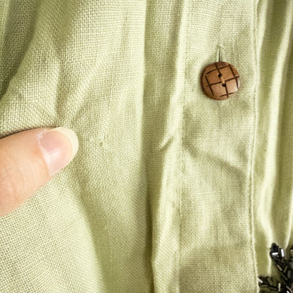 Vintage beaded pineapple linen short sleeve shirt in muted green with wooden buttons and detailed beadwork on pineapples image 7