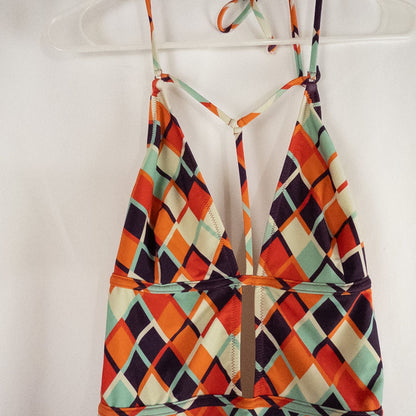 Orange teal geometric diamond pattern Cupshe one-piece swimsuit with halter neck and cutout detail shown hanging on white hanger image 2
