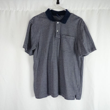 Puritan vintage men's medium blue gray striped polo shirt with collar and button closure hanging on a hanger front and back views