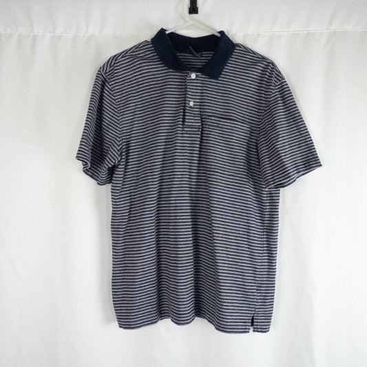 Puritan vintage men's medium blue gray striped polo shirt with collar and button closure hanging on a hanger front and back views