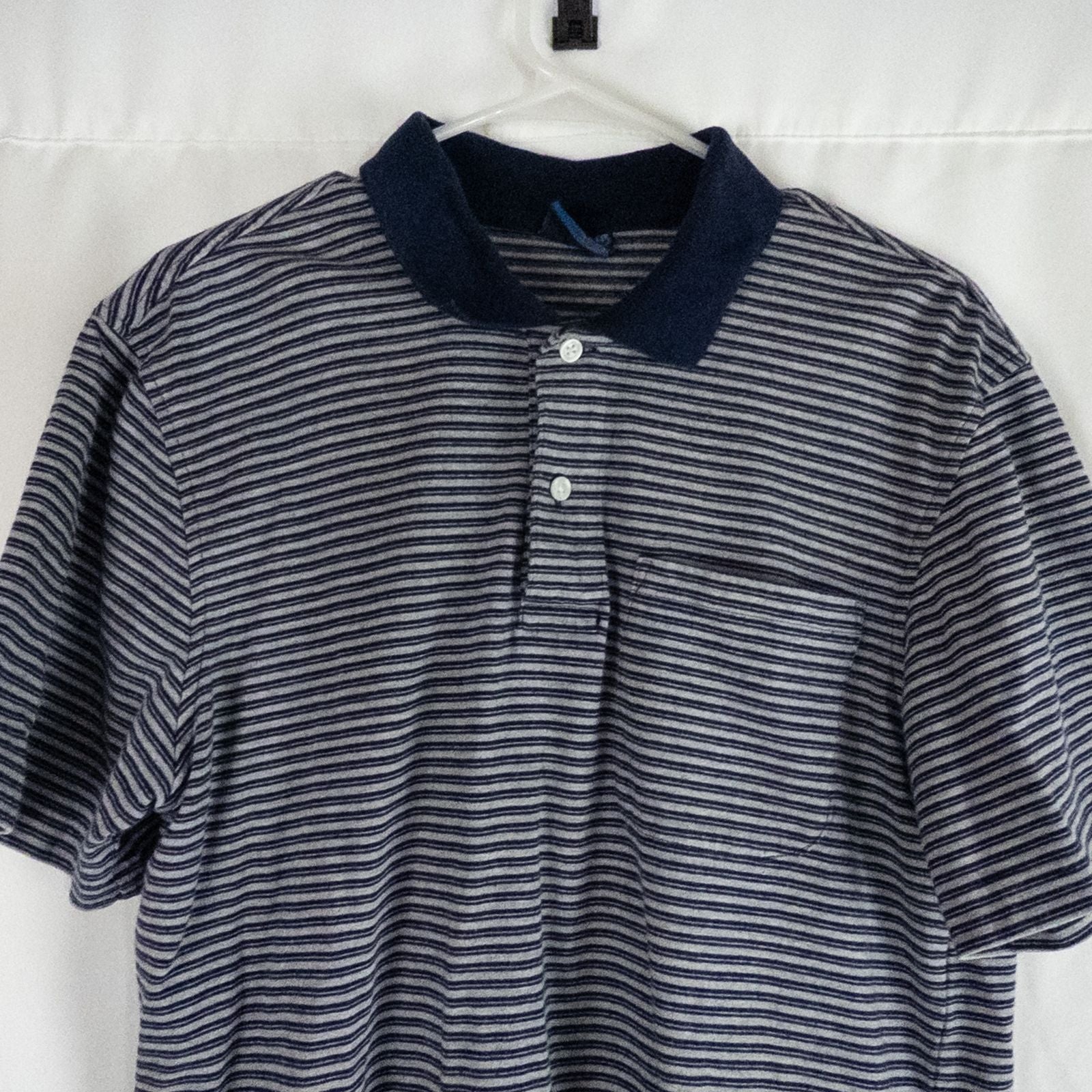 Puritan vintage men's medium blue gray striped polo shirt with collar and button closure hanging on a hanger front and back views image 2