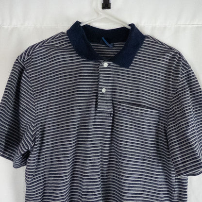 Puritan vintage men's medium blue gray striped polo shirt with collar and button closure hanging on a hanger front and back views image 2
