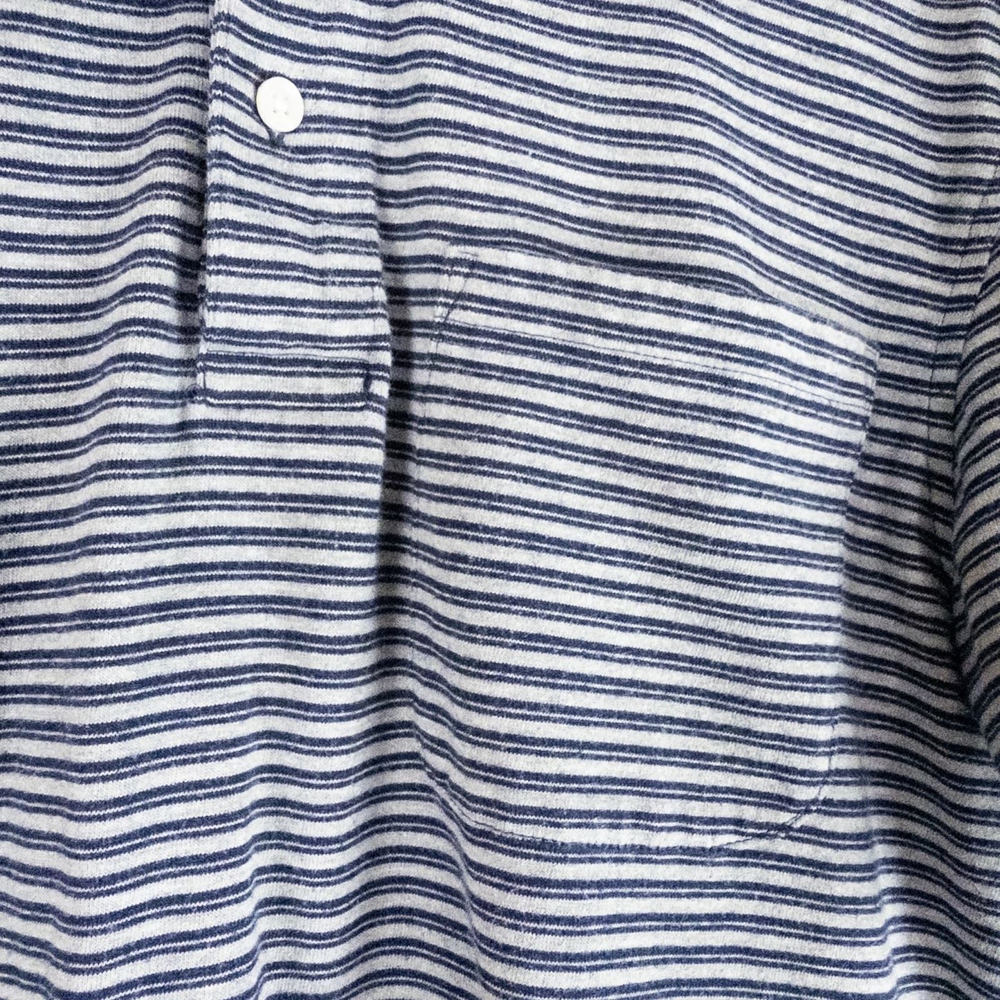 Puritan vintage men's medium blue gray striped polo shirt with collar and button closure hanging on a hanger front and back views image 4