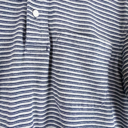 Puritan vintage men's medium blue gray striped polo shirt with collar and button closure hanging on a hanger front and back views image 4