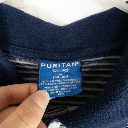 Puritan vintage men's medium blue gray striped polo shirt with collar and button closure hanging on a hanger front and back views image 7