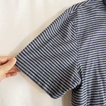 Puritan vintage men's medium blue gray striped polo shirt with collar and button closure hanging on a hanger front and back views image 3