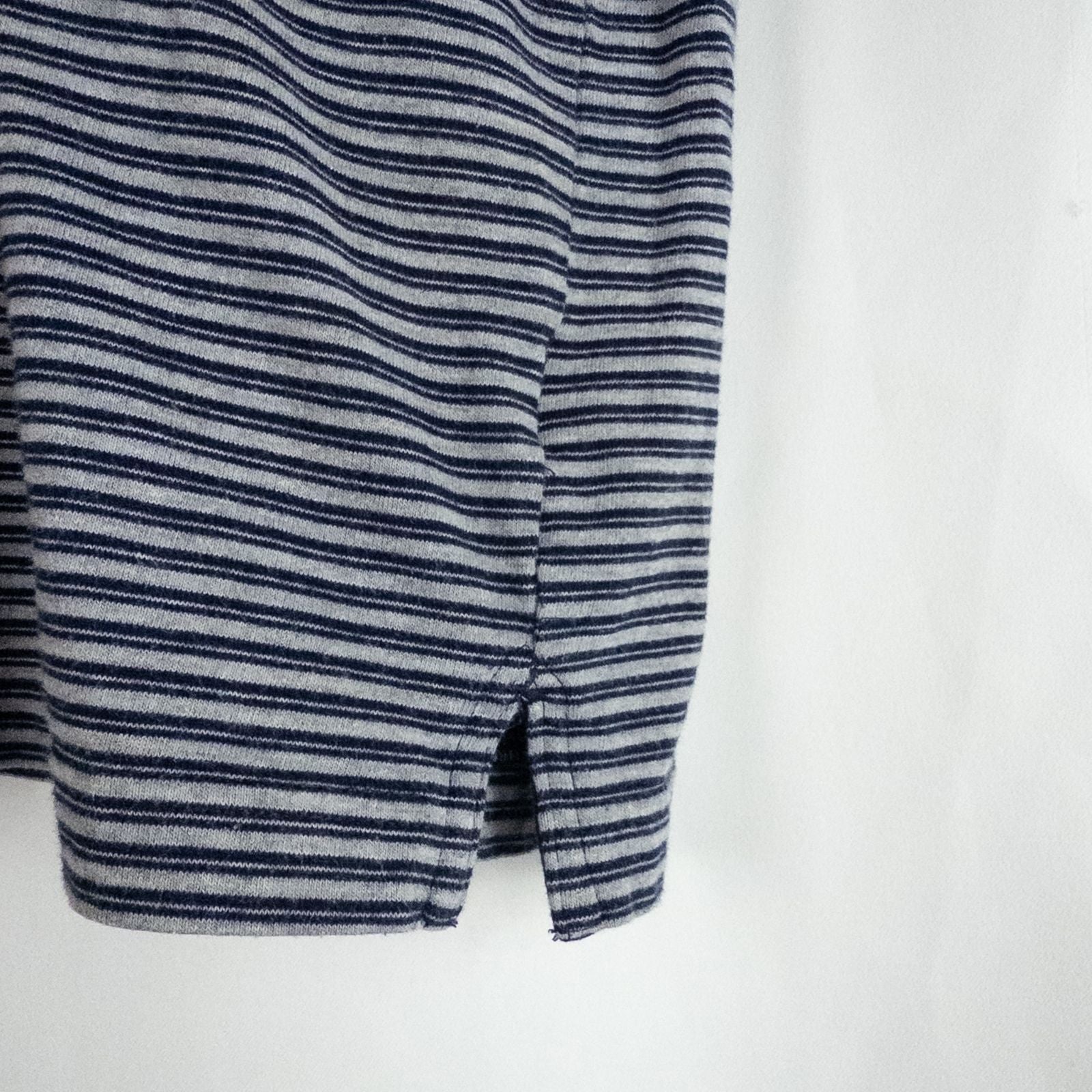 Puritan vintage men's medium blue gray striped polo shirt with collar and button closure hanging on a hanger front and back views image 5