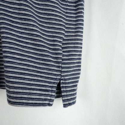 Puritan vintage men's medium blue gray striped polo shirt with collar and button closure hanging on a hanger front and back views image 5
