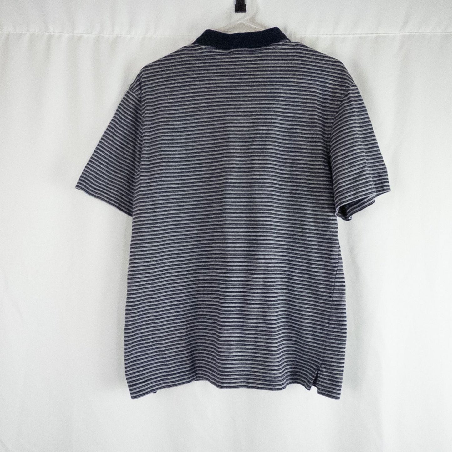 Puritan vintage men's medium blue gray striped polo shirt with collar and button closure hanging on a hanger front and back views image 6