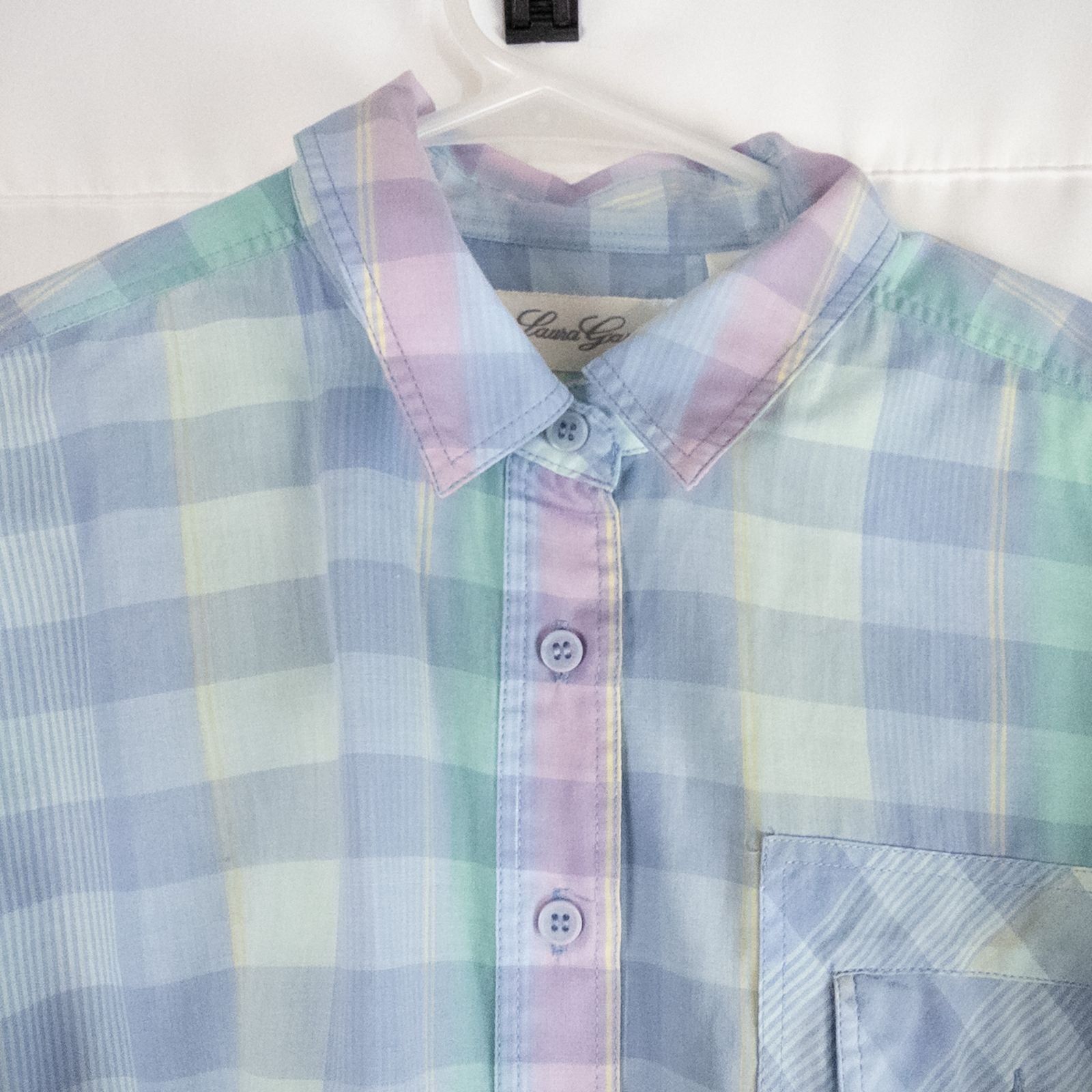 Laura Gayle vintage pastel blue pink plaid shirt with button front, single chest pocket, long sleeves, and collar, shown front and back views image 3