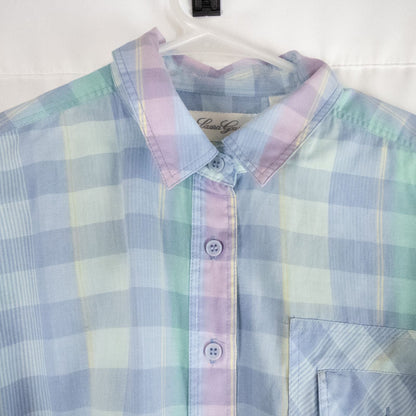 Laura Gayle vintage pastel blue pink plaid shirt with button front, single chest pocket, long sleeves, and collar, shown front and back views image 3