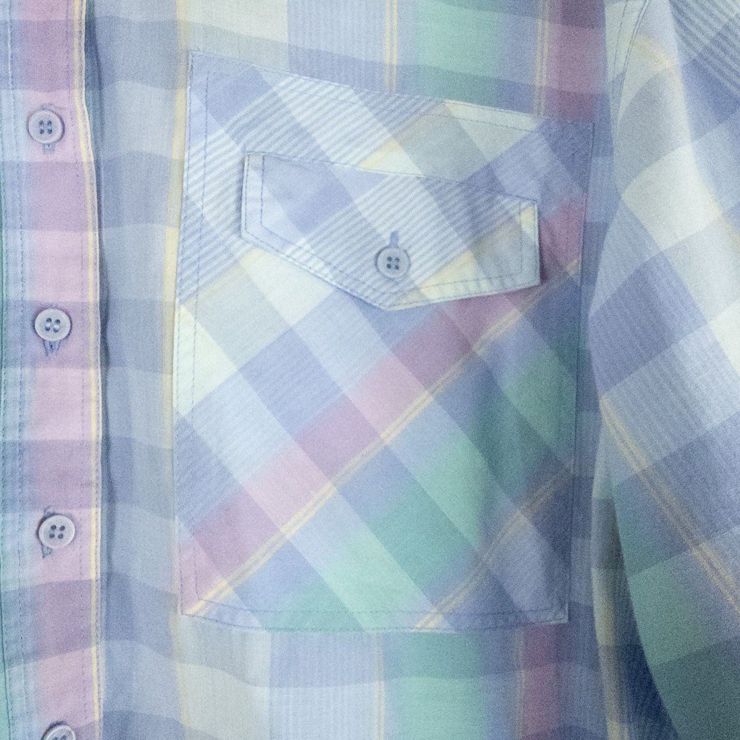 Laura Gayle vintage pastel blue pink plaid shirt with button front, single chest pocket, long sleeves, and collar, shown front and back views image 4