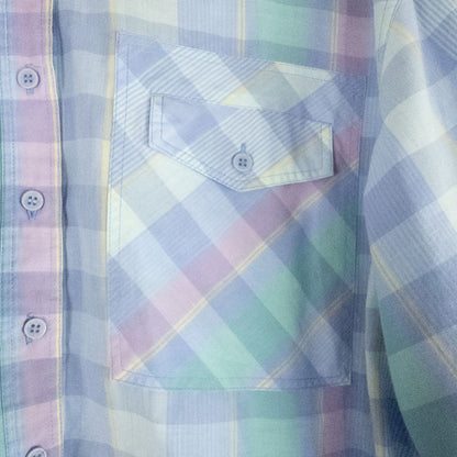 Laura Gayle vintage pastel blue pink plaid shirt with button front, single chest pocket, long sleeves, and collar, shown front and back views image 4
