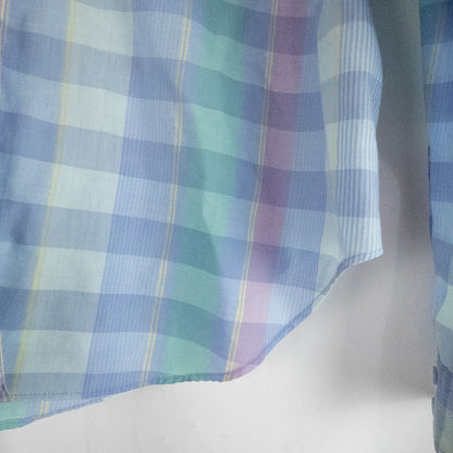 Laura Gayle vintage pastel blue pink plaid shirt with button front, single chest pocket, long sleeves, and collar, shown front and back views image 6