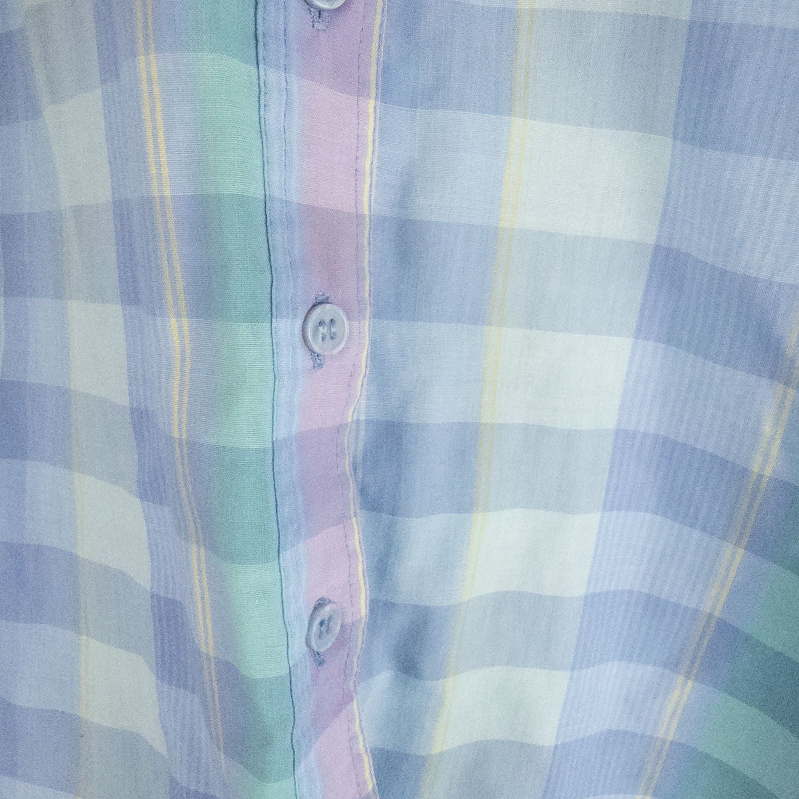 Laura Gayle vintage pastel blue pink plaid shirt with button front, single chest pocket, long sleeves, and collar, shown front and back views image 5