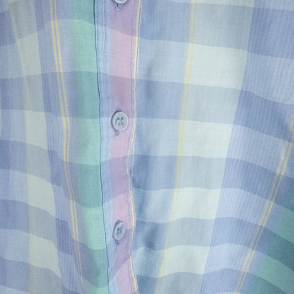 Laura Gayle vintage pastel blue pink plaid shirt with button front, single chest pocket, long sleeves, and collar, shown front and back views image 5