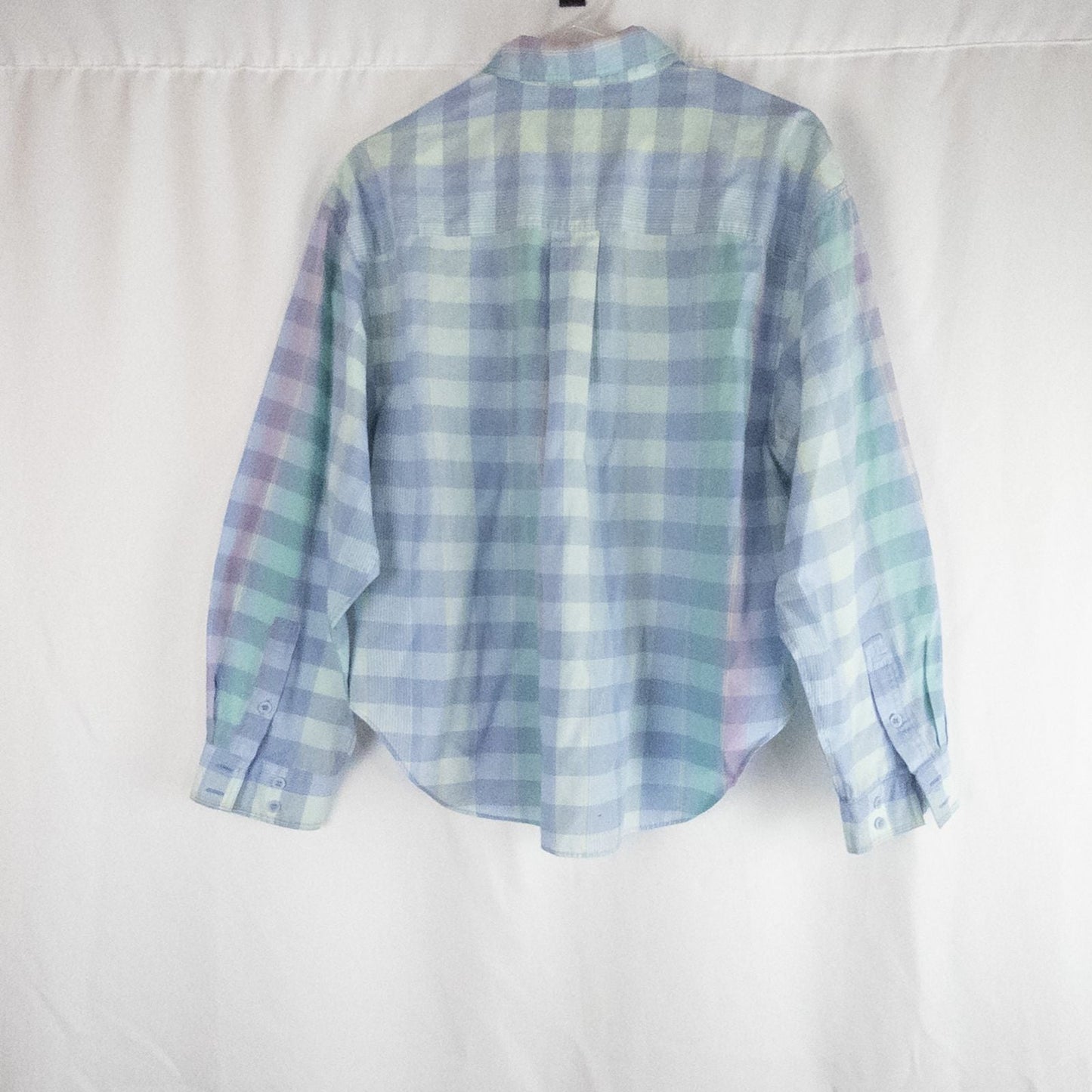 Laura Gayle vintage pastel blue pink plaid shirt with button front, single chest pocket, long sleeves, and collar, shown front and back views image 7